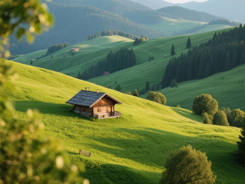 山间小屋绿意浓图片