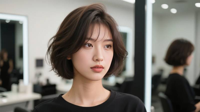 短发美人镜前照图片