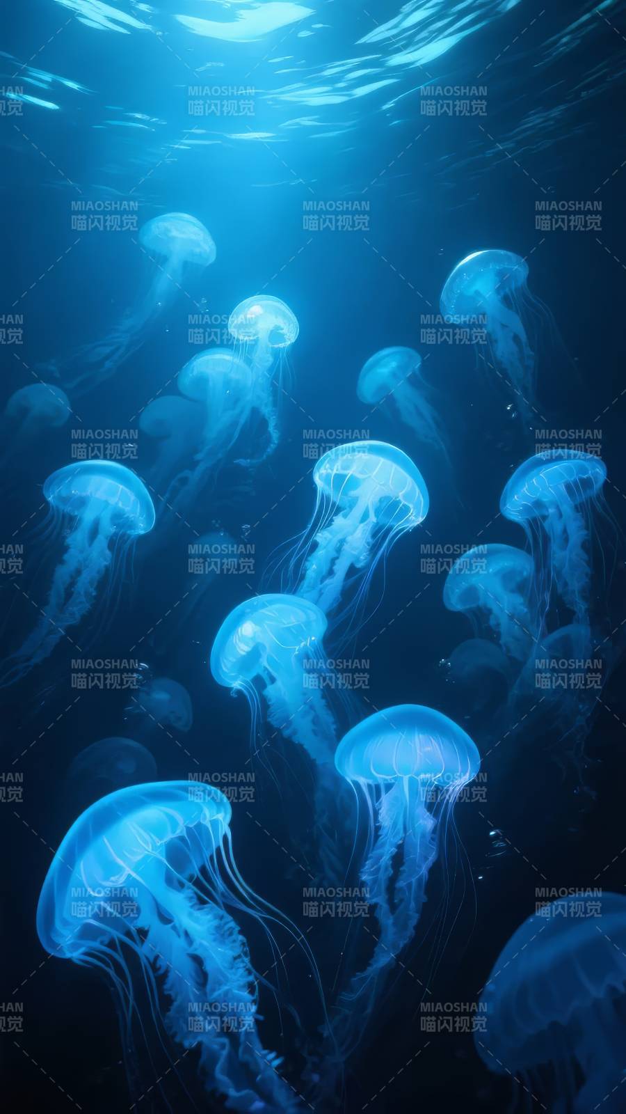 深海蓝光水母群图片