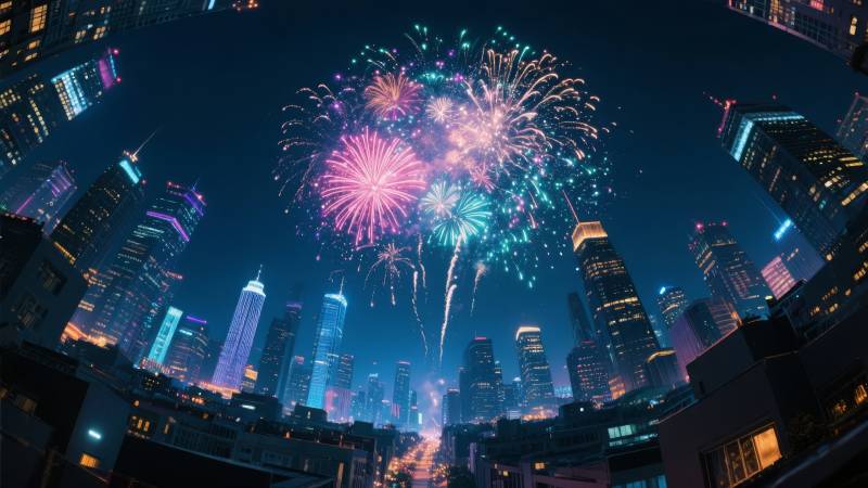 都市夜空烟花绽放图片