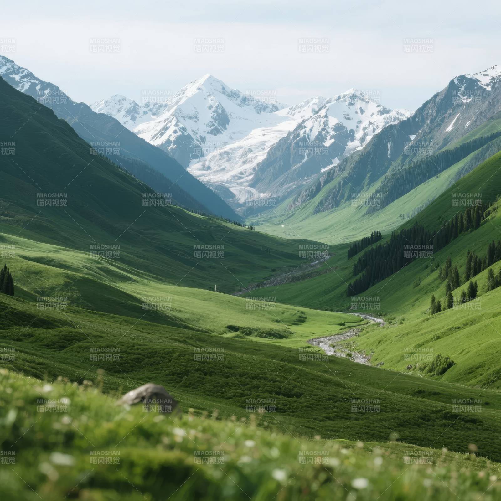 雪山绿谷美景图片