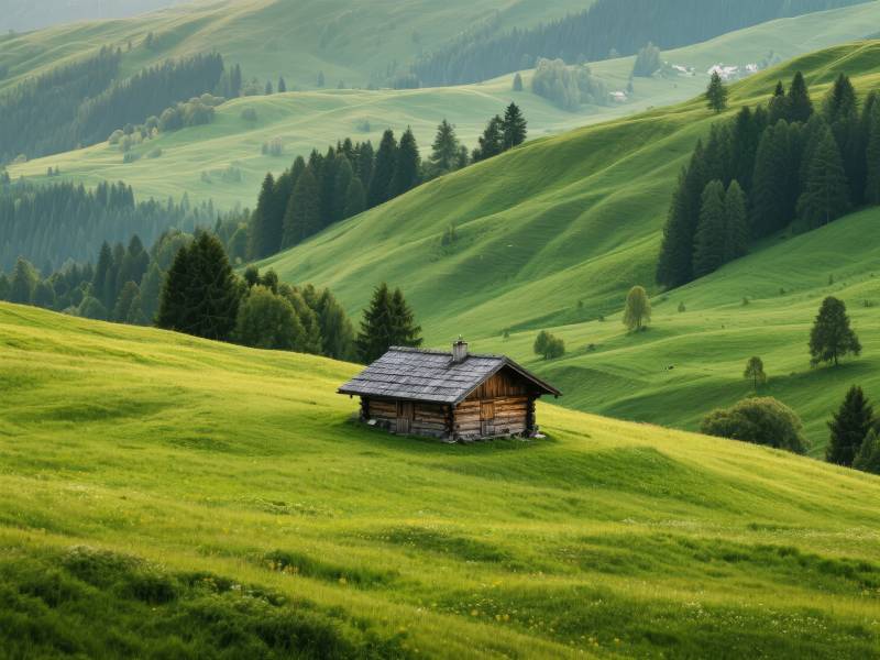 山间小屋静谧景图片