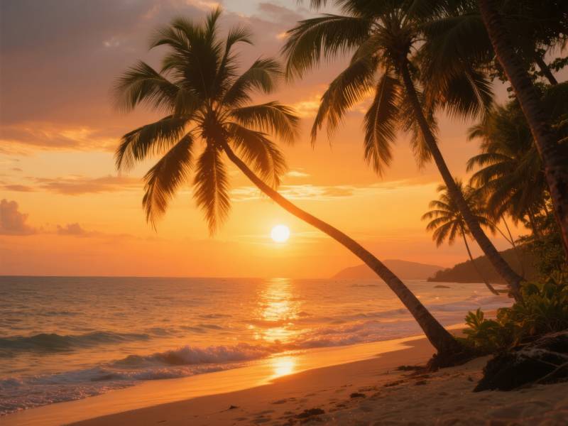 椰影夕阳海图片