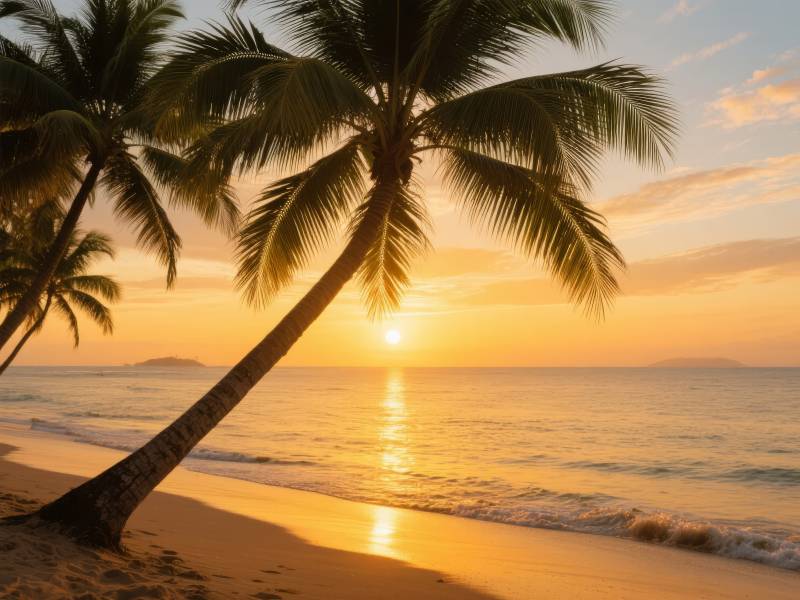 椰影夕阳海滩图片