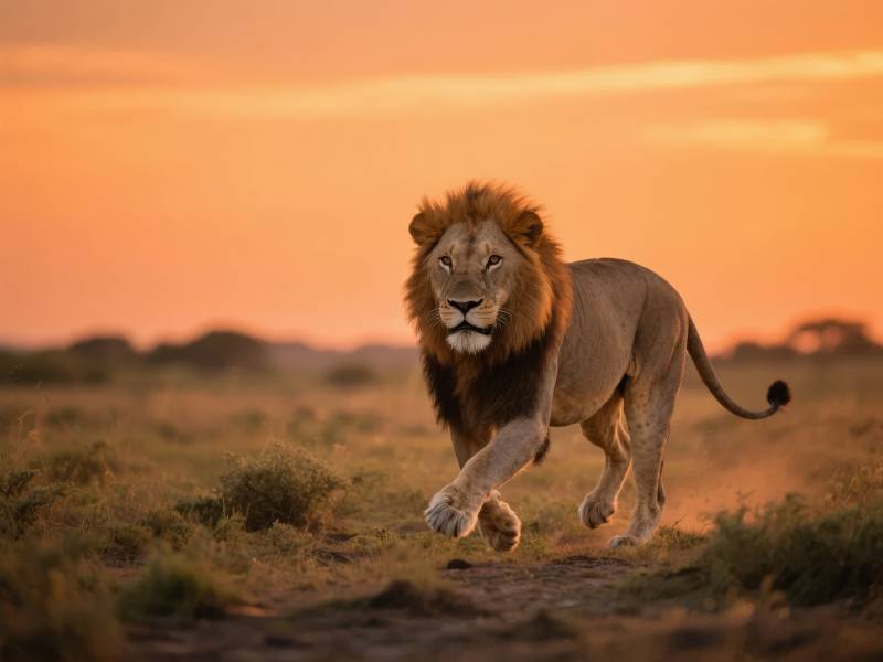 夕阳下的雄狮奔跑图片