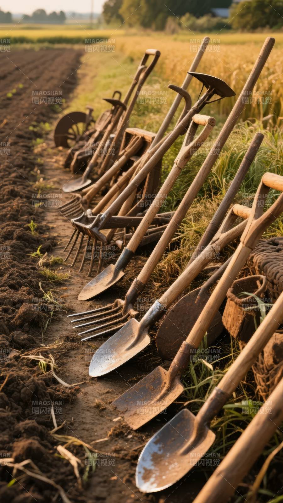农具列队田间图片