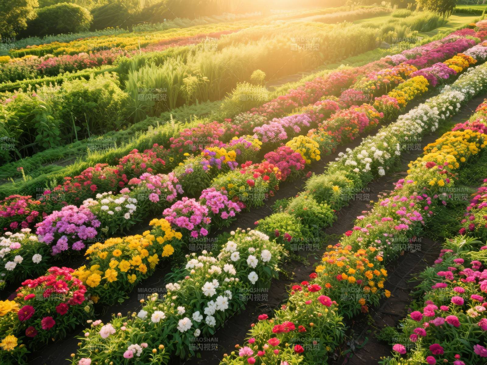 花海绚烂日出时图片