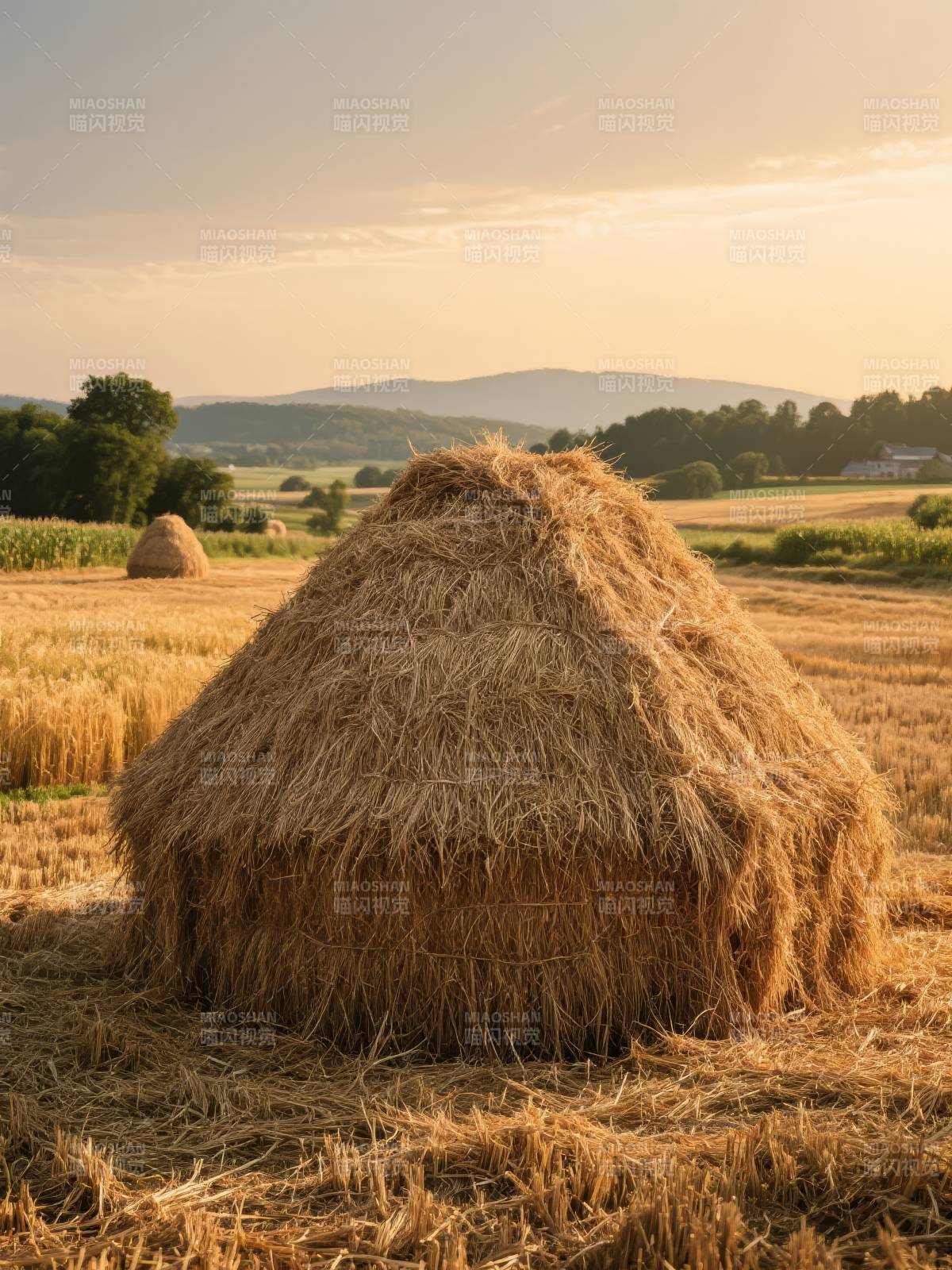 金秋麦垛静谧田园图片