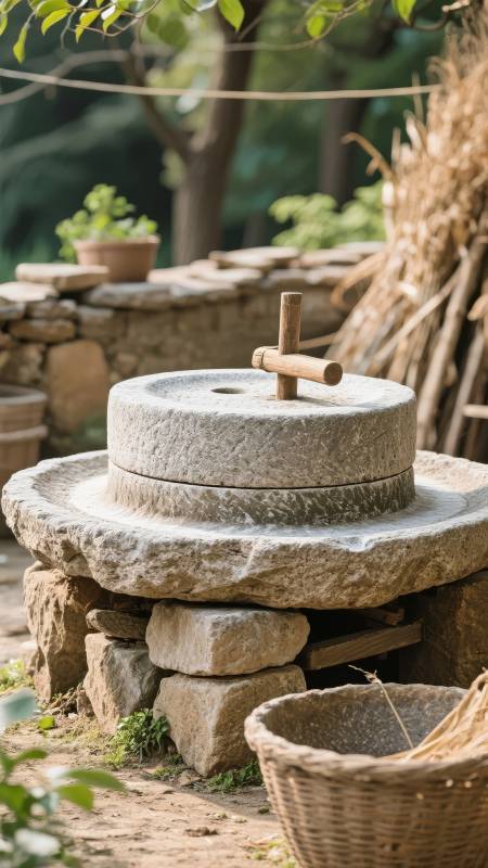 石磨静置庭院中图片