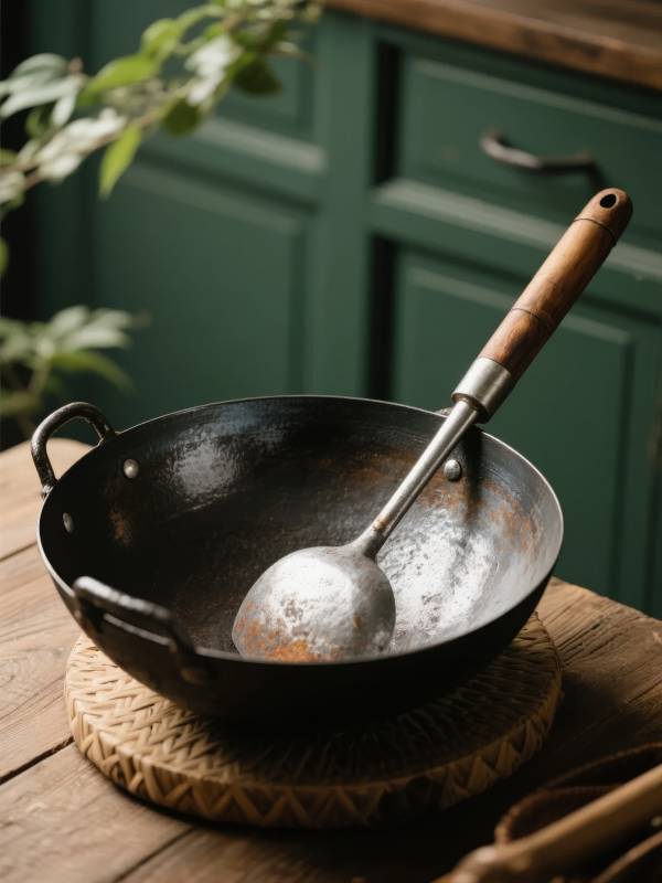 铁锅与木勺静置图片