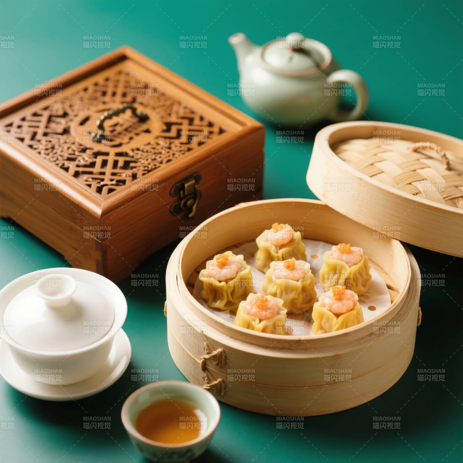 蒸笼点心茶香四溢图片