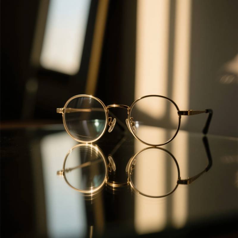 金框眼镜静置镜面图片