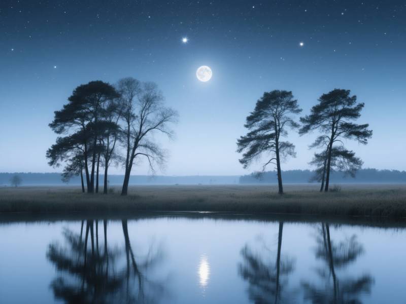 月夜湖畔树影图片