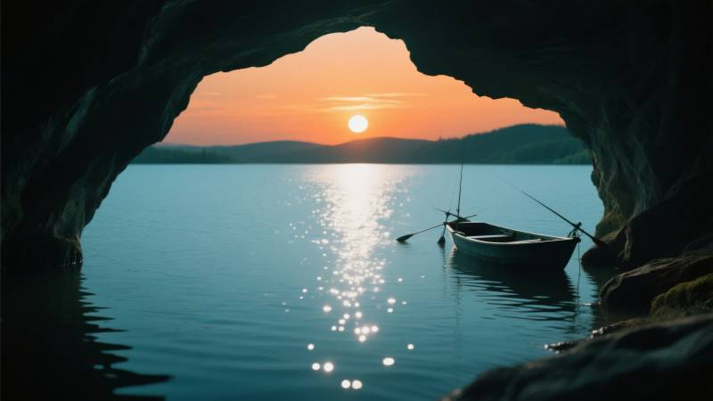 洞中日落舟影图片