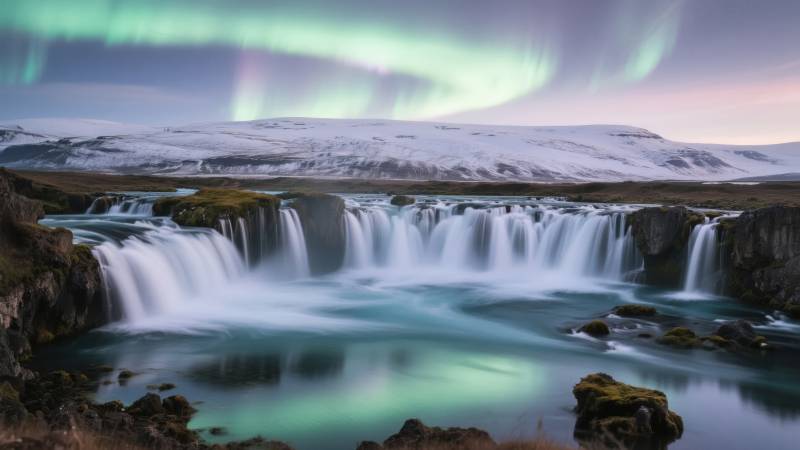 极光下的瀑布奇景图片