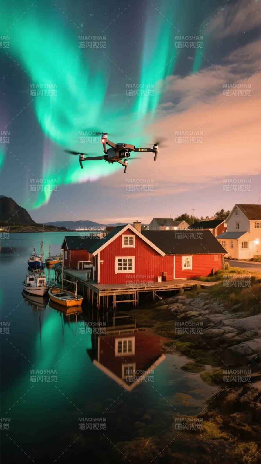 极光下的红屋航拍图片