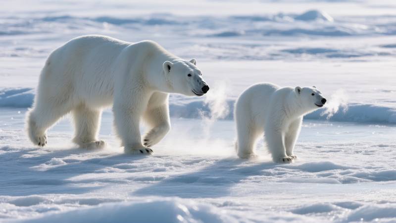 北极熊母子雪地行图片