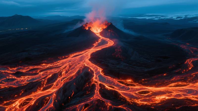 火山喷发熔岩流淌图片