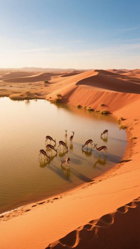 沙漠绿洲鹿群饮水图片