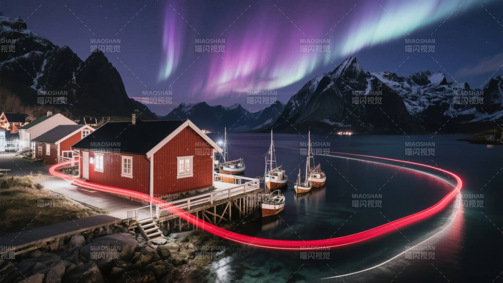 极光下的渔村夜景图片
