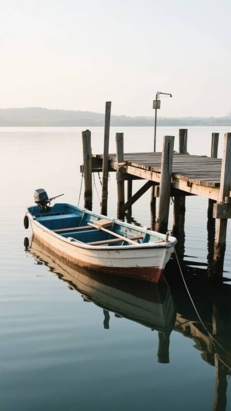 静泊湖畔小舟图片