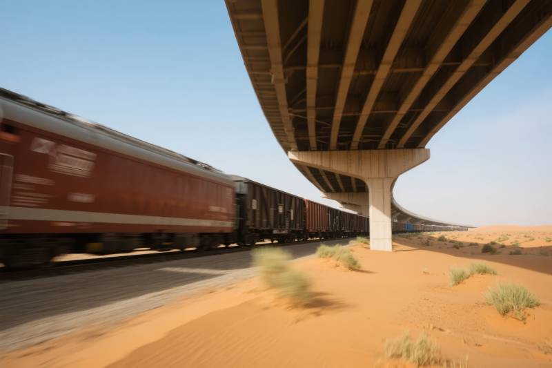 沙漠中的列车与高架桥图片