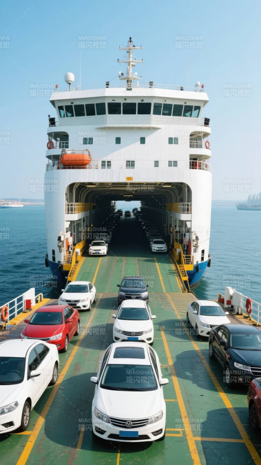 汽车渡轮载车启航图片