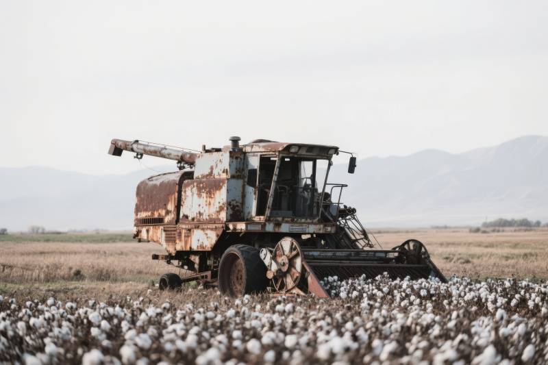 棉田中的旧收割机图片