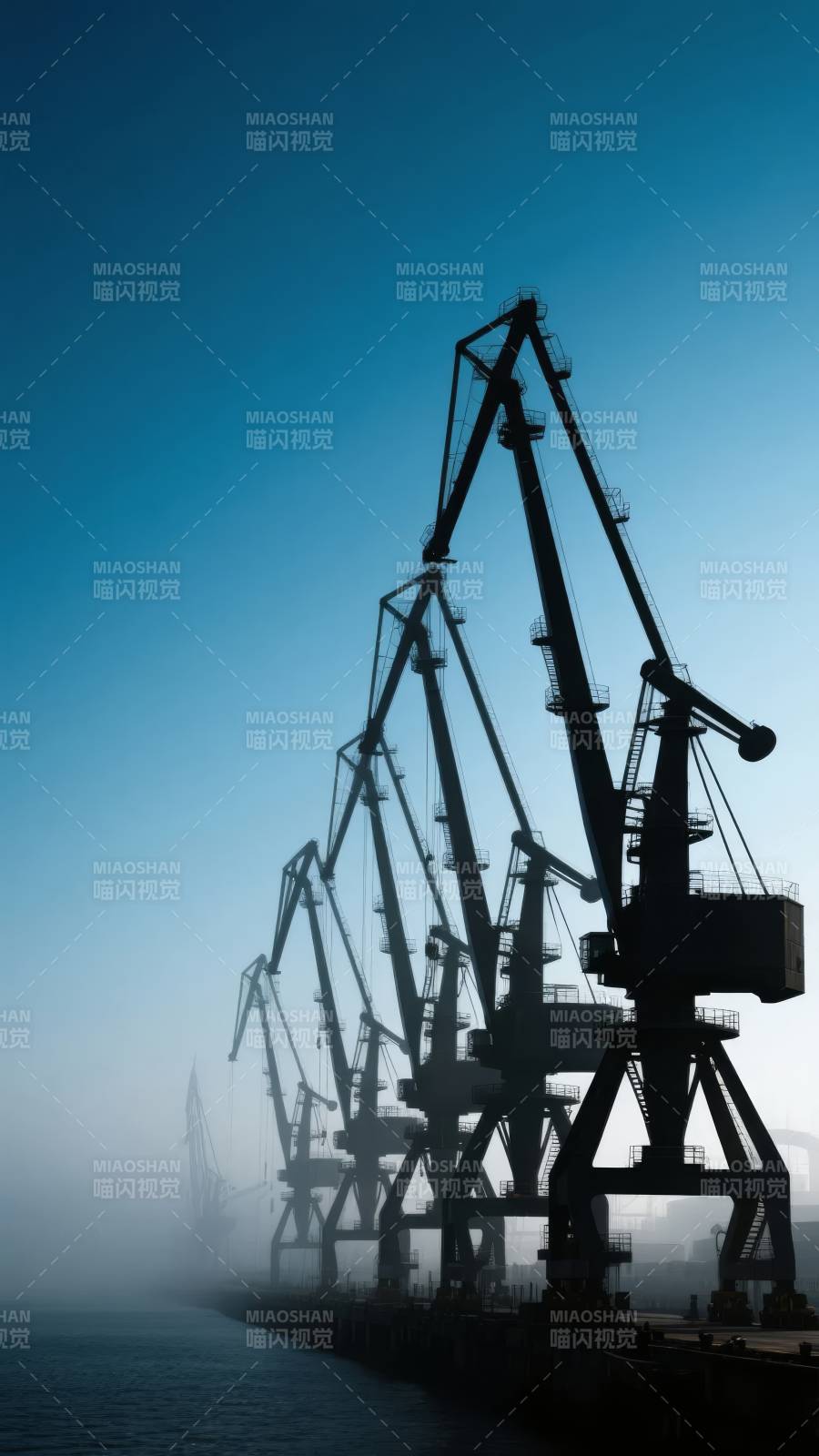 港口晨雾中的起重机图片