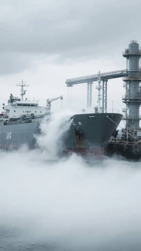 雾中巨轮停泊图片