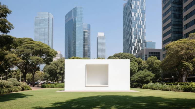 城市绿洲中的白色方盒图片