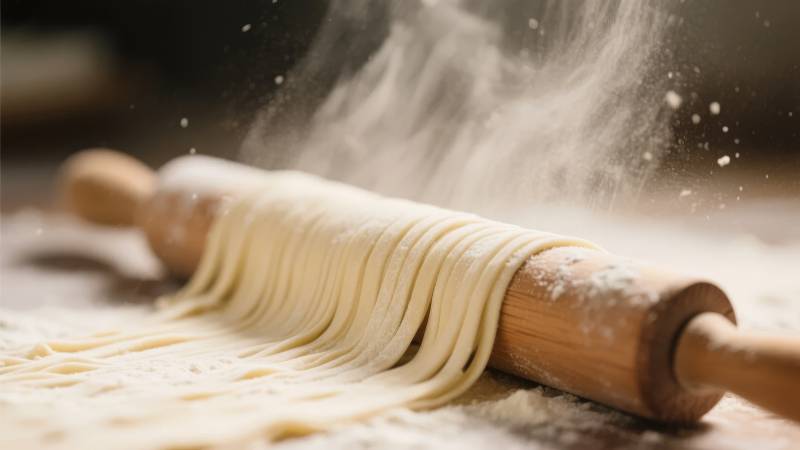 擀面杖上飞舞的面条图片