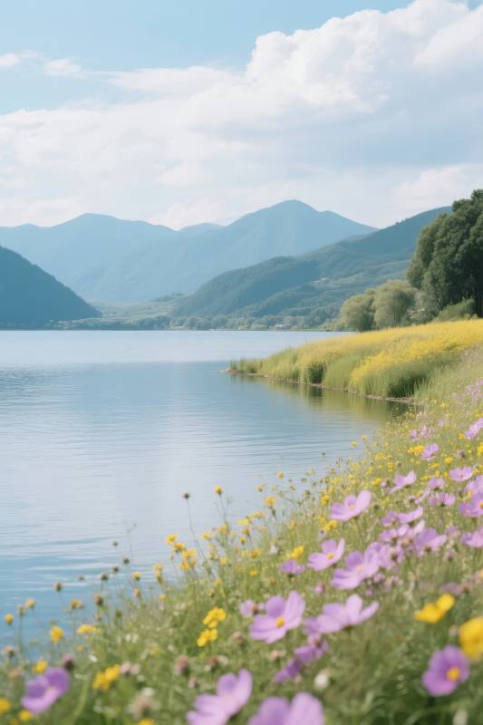 湖畔花海山景图片