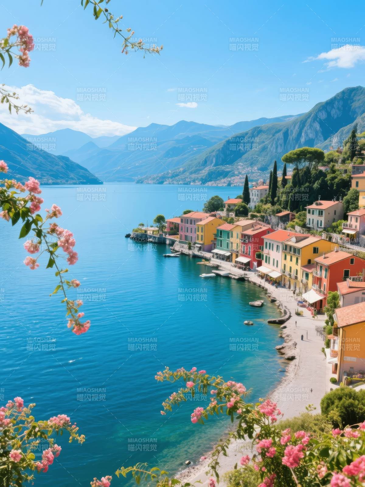 湖畔彩屋春景图片