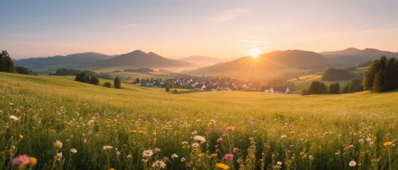 夕阳下的花海田园图片