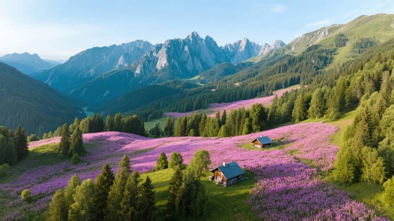 山间花海小屋图片