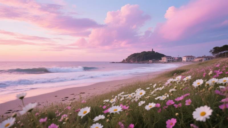 花海沙滩日落美景图片