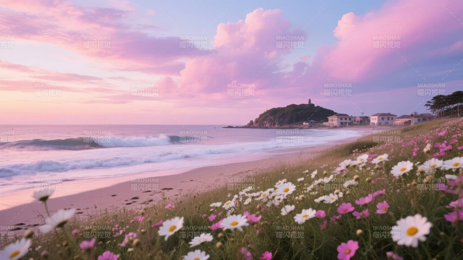 花海沙滩日落美景图片