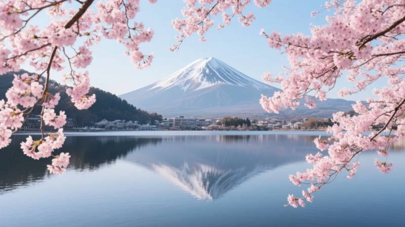 富士山樱花映湖图片