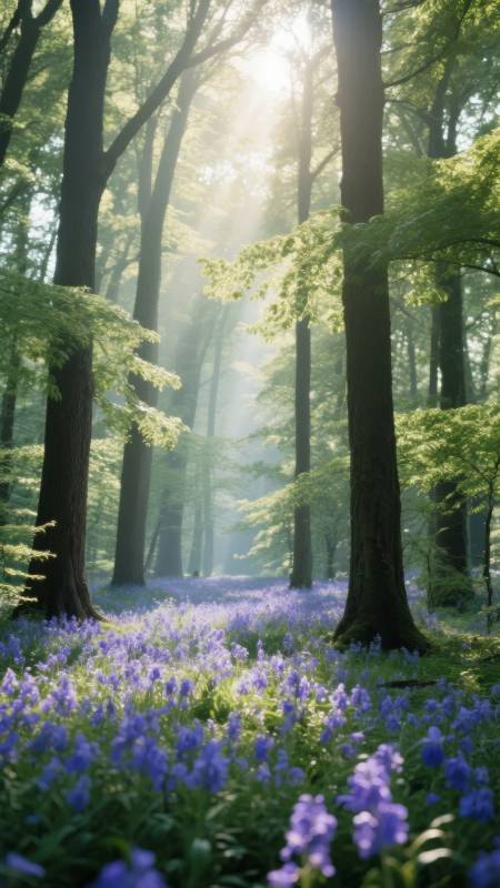 林间紫花晨光图片