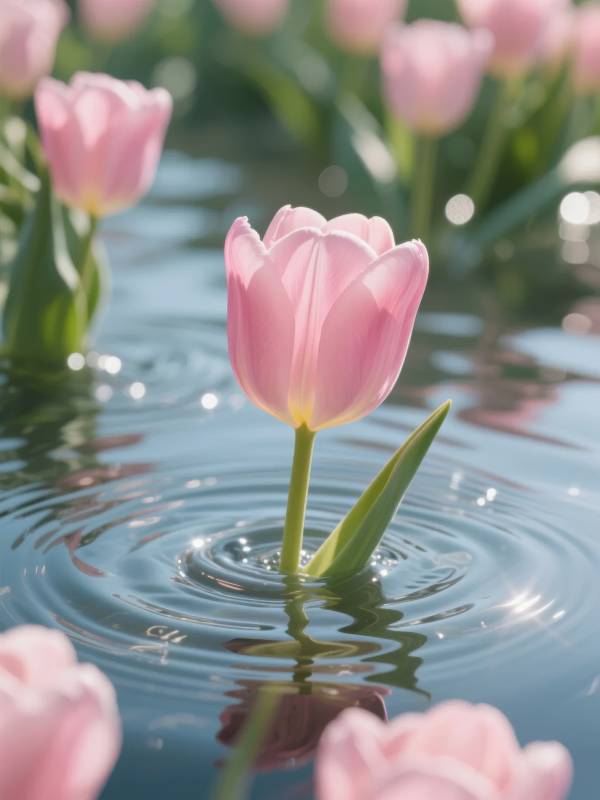 水中粉郁金香图片