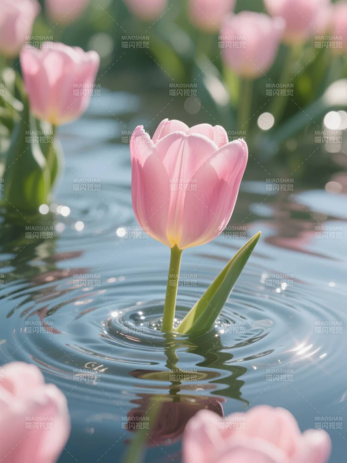 水中粉郁金香图片
