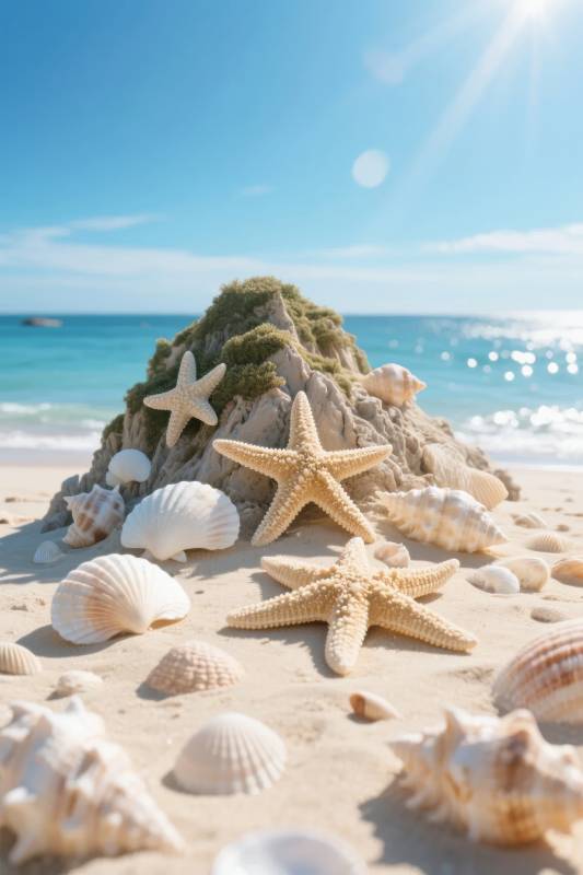 沙滩上的贝壳与海星图片