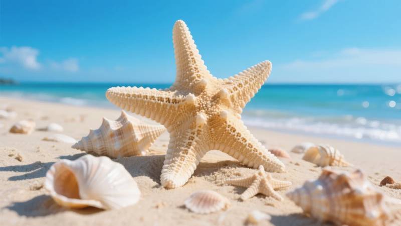 海滩上的海星与贝壳图片