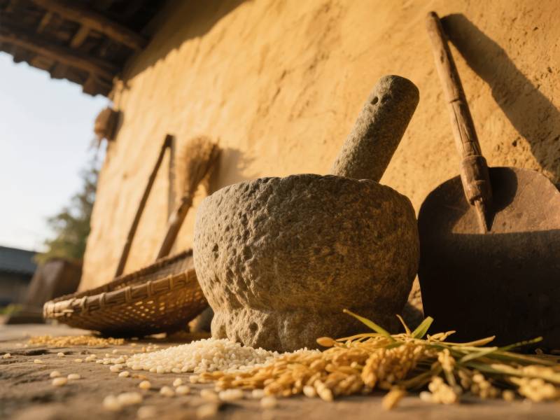 古朴农具与稻谷图片