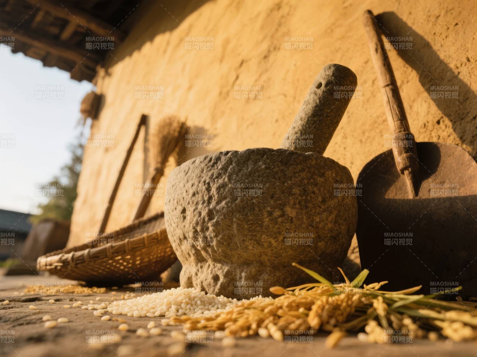 古朴农具与稻谷图片