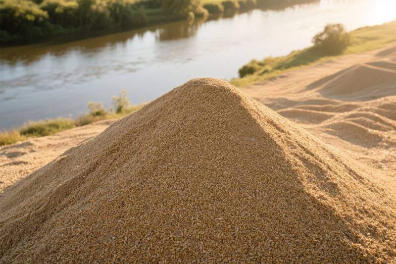 金黄麦堆映河光图片