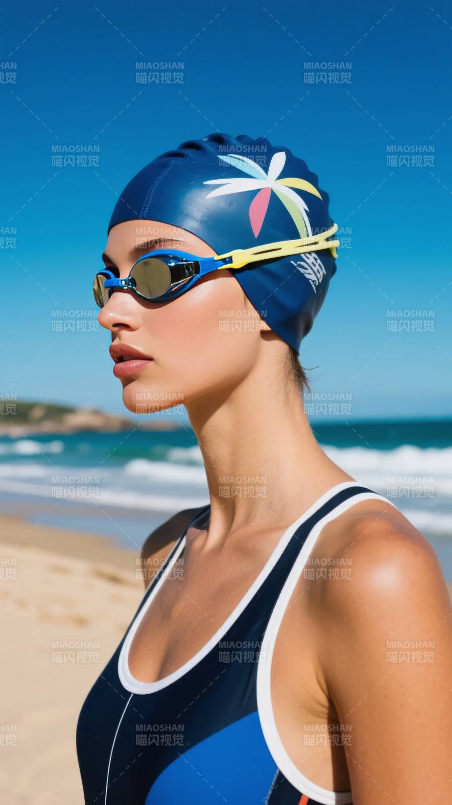 泳装美人海滩侧影图片