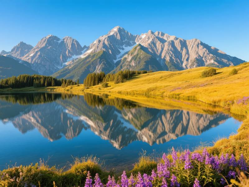 雪山倒影湖畔花图片