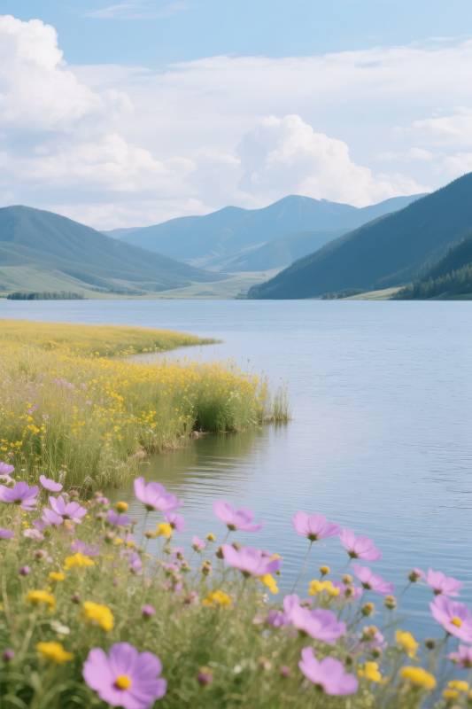 湖畔花海山景图片